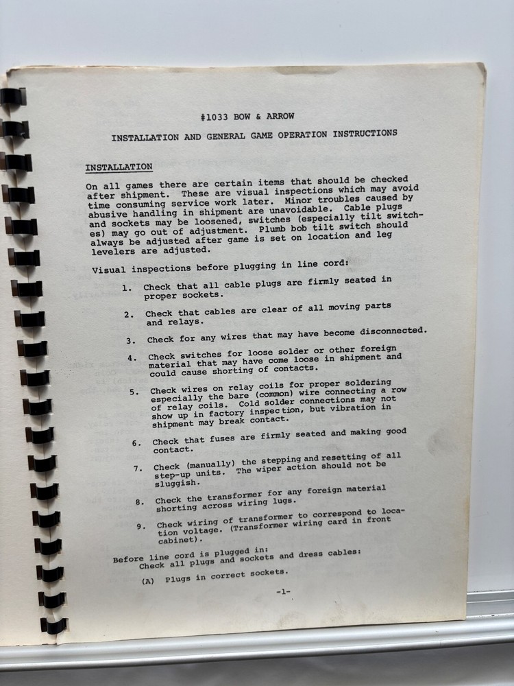 ORIGINAL-BALLY-BOW & ARROW - INSTALLATION & GENERAL GAME OPERATION INSTRUCTIONS