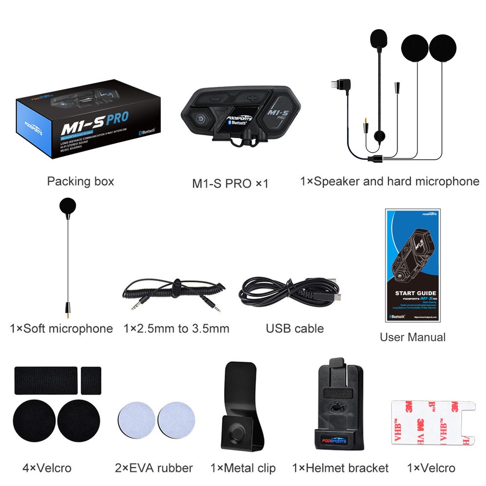 M1-S Pro Motorcycle Intercom Headset 8 Riders Bluetooth Interphone Helmet 2000m