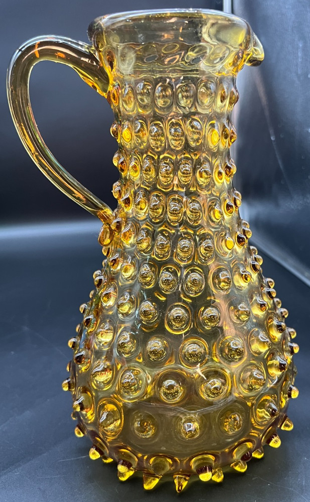 Tall Amber Hobnail Handle Pitcher 9"