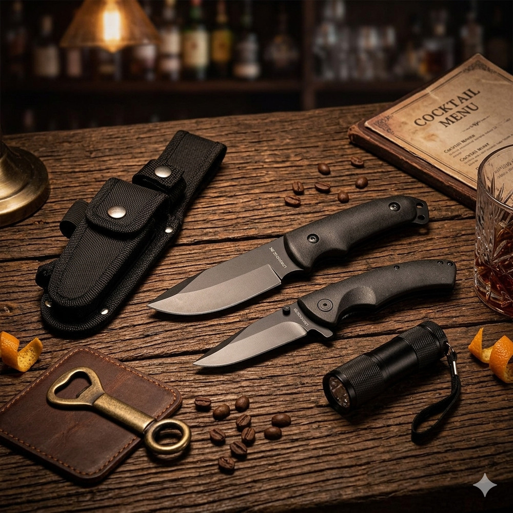 Survival Camping Black Stealth Fixed-Blade Folding Knife  & LED Flashlight SET