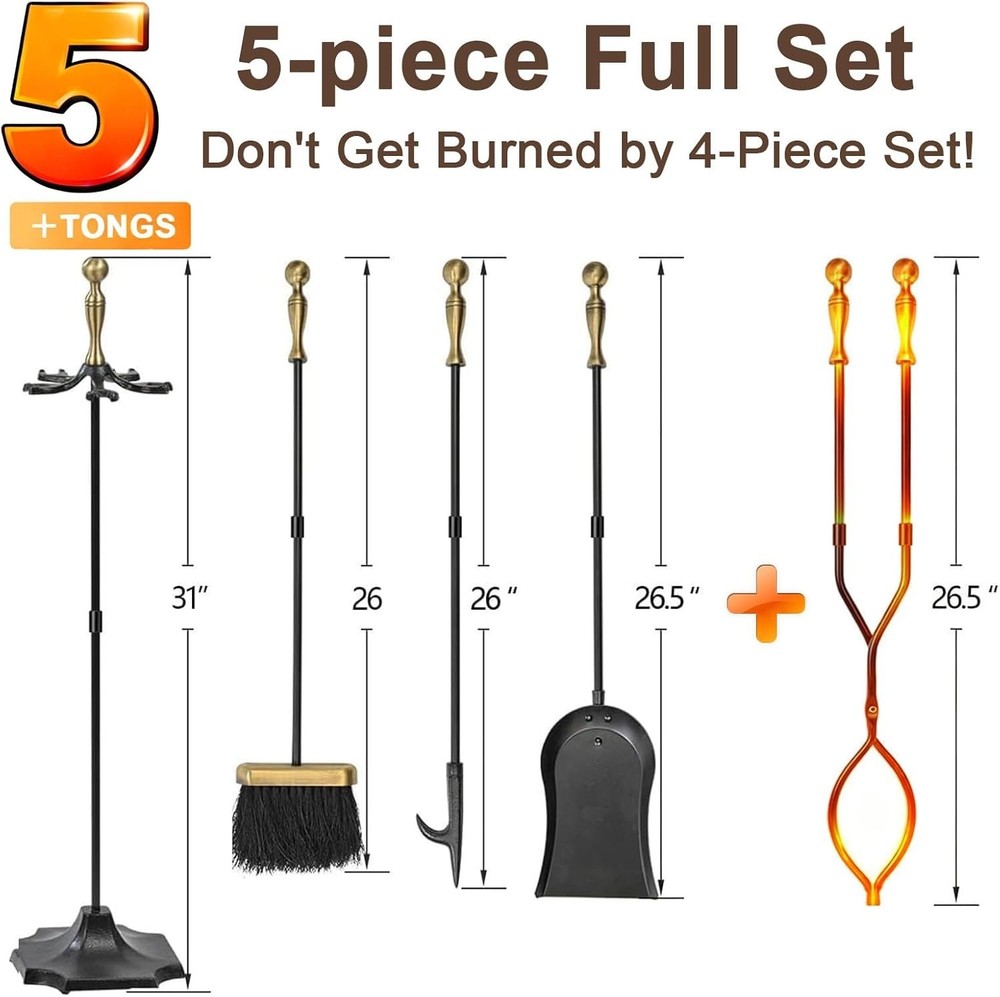 Fireplace Tools Set 5 Pcs Wrought Iron Large Fire Tool Set with Brass Handles fo