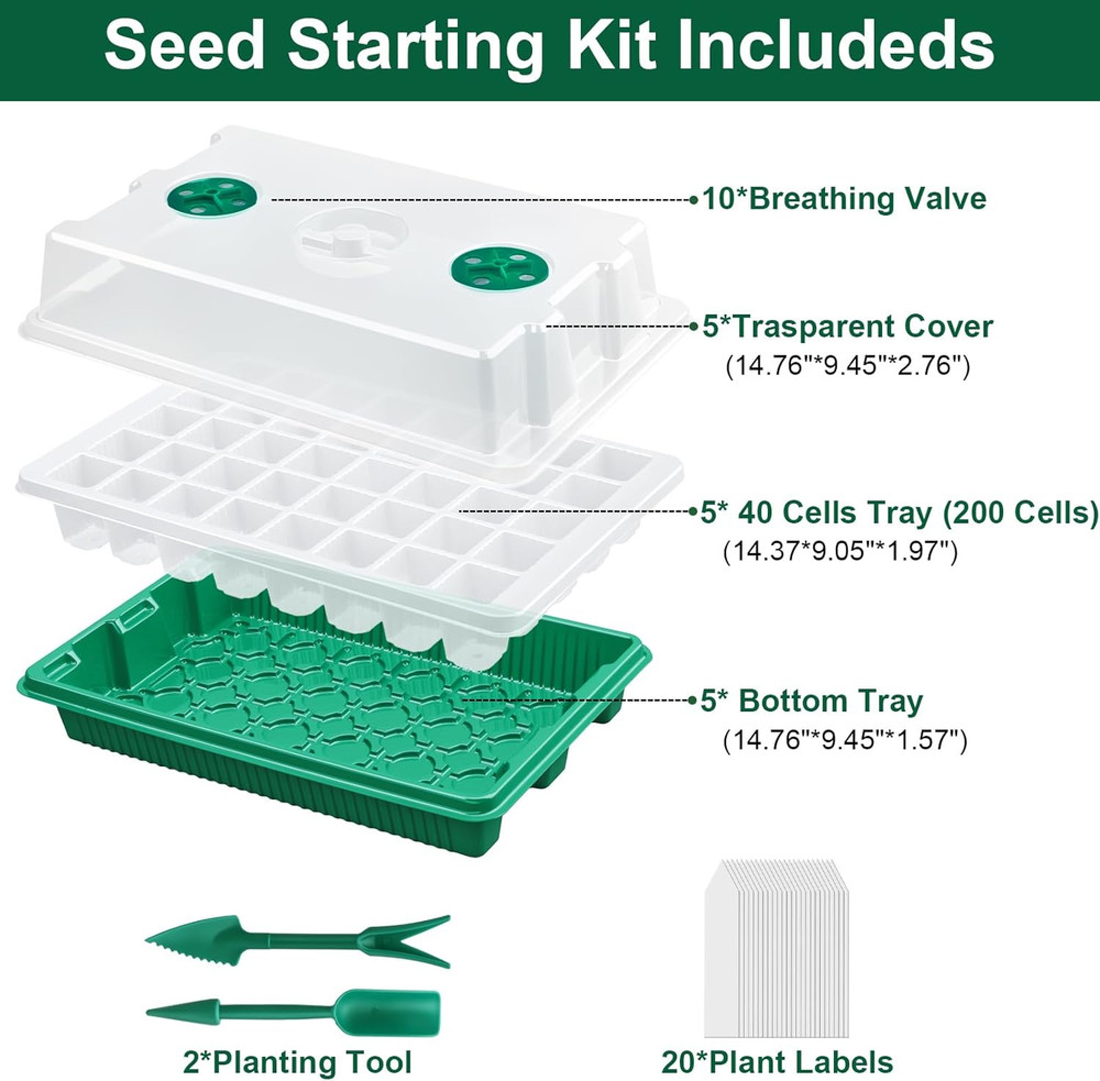5 Pack Seed Starter Tray Seed Starter Kit (200 Cells Total Tray) with Adjustable