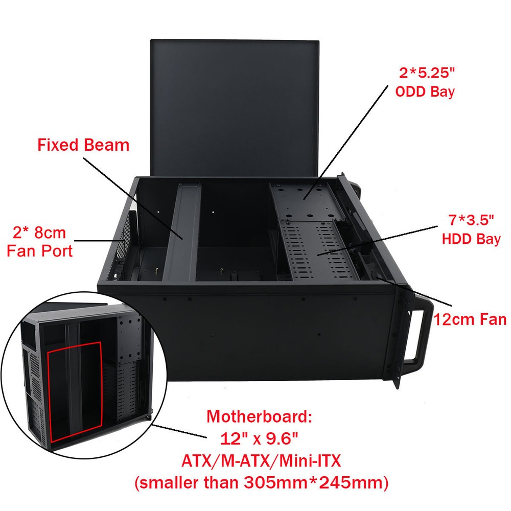 4U Server Chassis Rackmount Computer Case 7X3.5' HDD Bays 2X5.25' Drive Ways