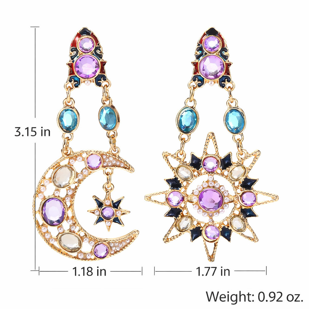 Celestial Sun Moon Drop Earrings Gold Crystal Star Statement Dangle