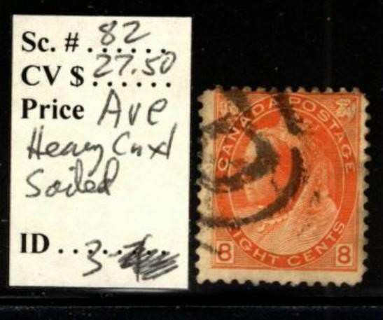 Canada #82 Heavy Cnxl, Soiled, Average Centering, CV $27.50