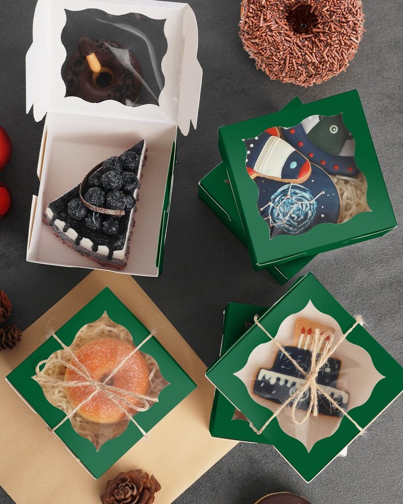 Deep Green Bakery Boxes with Window 55pcs 4x4x2.5" Mini Cookie Macaron Boxes