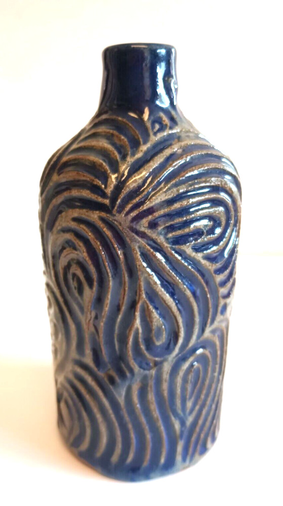 Studio Art Pottery Jug Raised Relief Blue Glazed Handle Signed