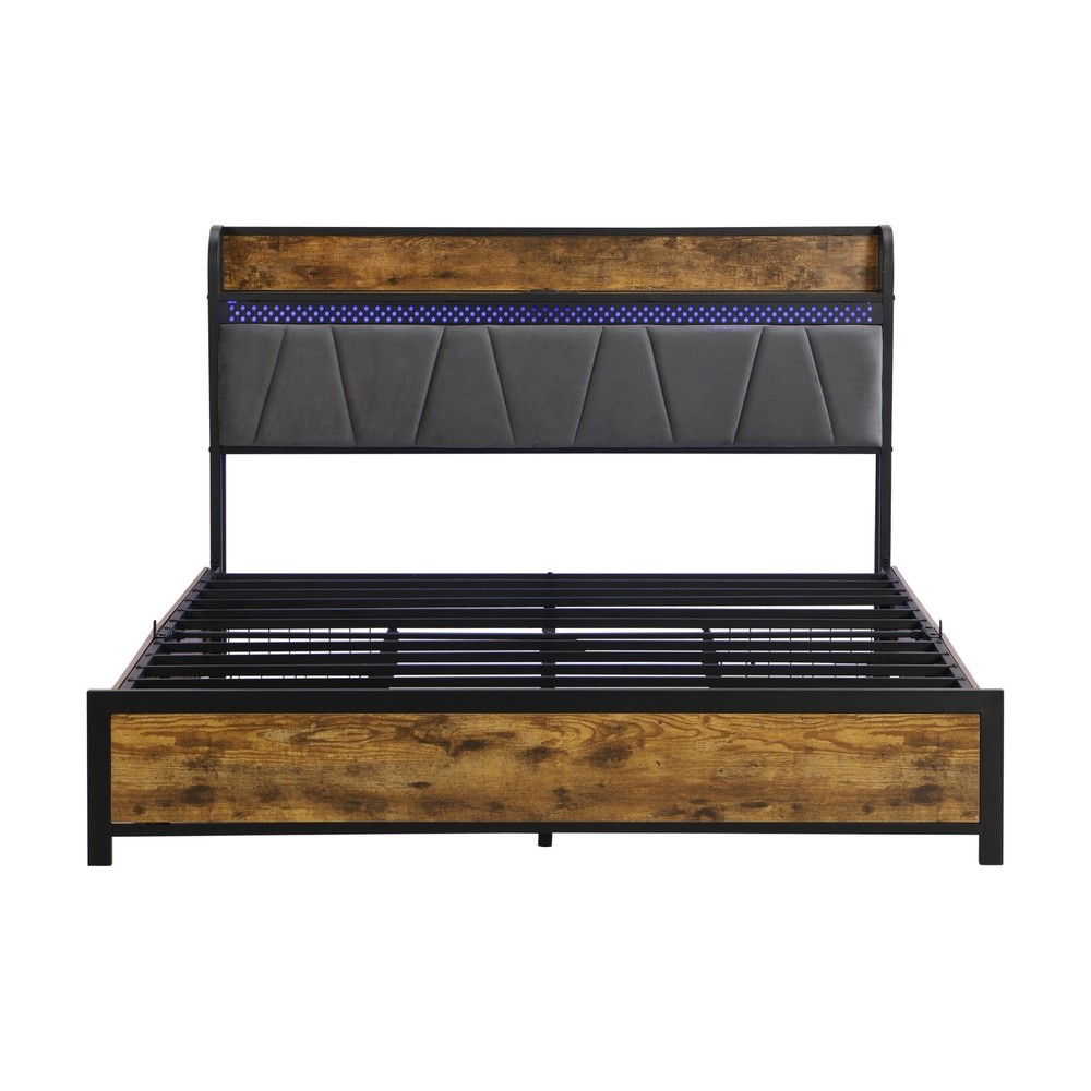 Full/Queen Size Platform Bed Frame w/ 4 Drawer & Storage Headboard & LED Lights