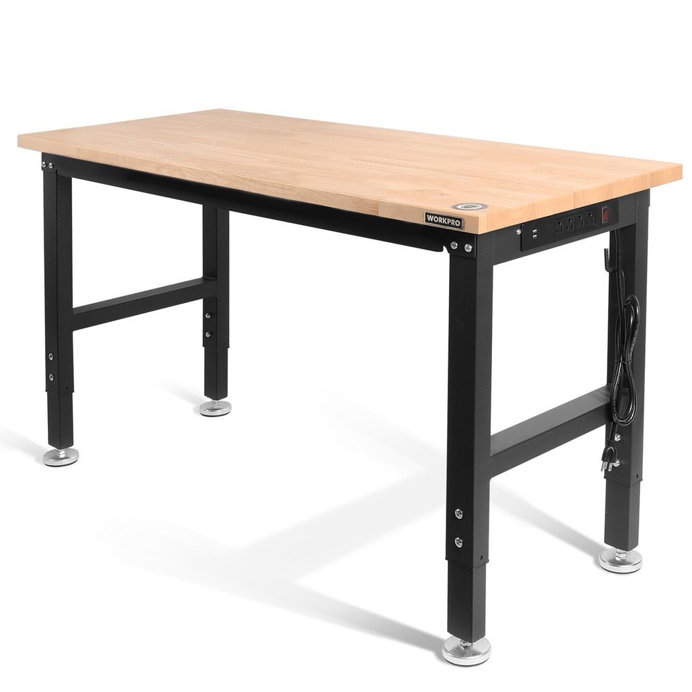 48" Worktable Adjustable Heavy-Duty Steel Frame Solid Rubberwood Tabletop Power