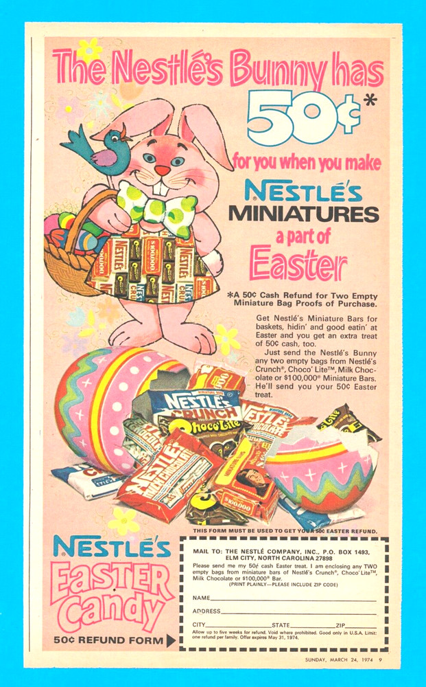 1974 NESTLE's Easter Candy chocolate PRINT AD Bunny basket egg