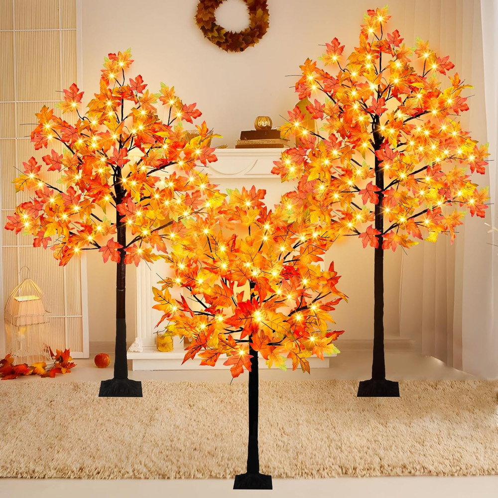 3 Pack Lighted Maple Tree, 4FT 5FT 6FT Artificial Fall Tree with 216 Lights