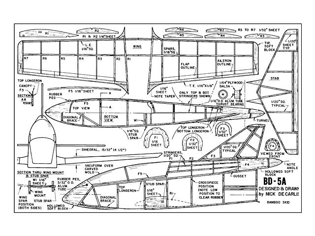 Bede BD-5A Rubber Peanut 13" WS RC Model Airplane Plans Templates PDF on USB