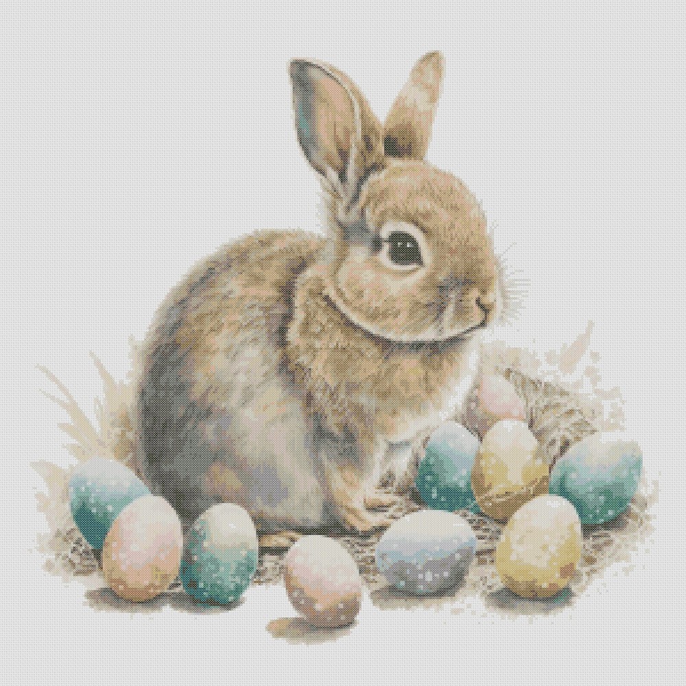 Cute Easter Bunny with Colored Eggs Counted Cross Stitch Pattern Pixel Art
