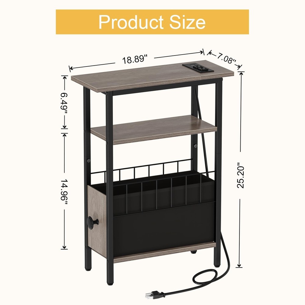 Snughome Narrow Side Table with Charging Station, Slim End Table for Small Sp...