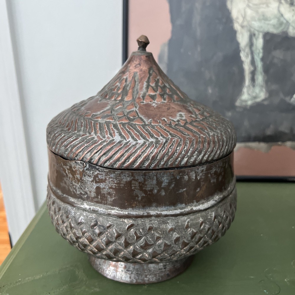 Vintage Hand Hammered  Copper Plated Lidded Storage Container