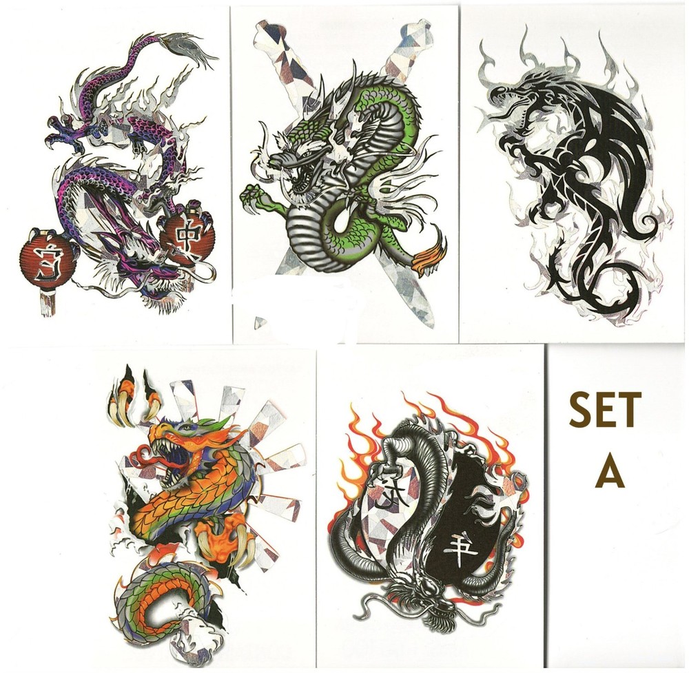 5 dragon temporary tattoos - set A or B - free shipping