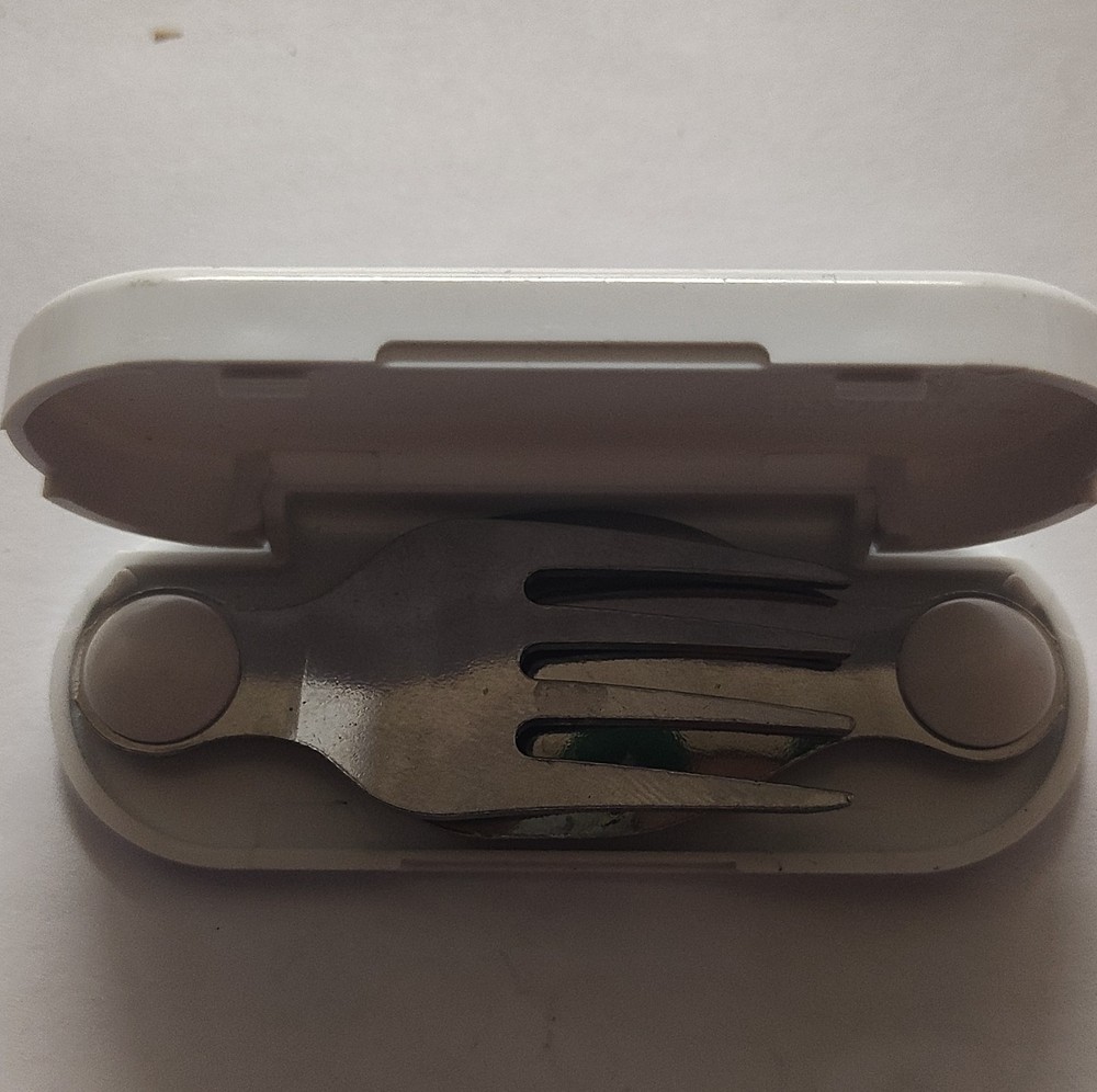 Foldable Spoon & Fork Set, Stainless Steel & Plastic, White Silver, Camping Case