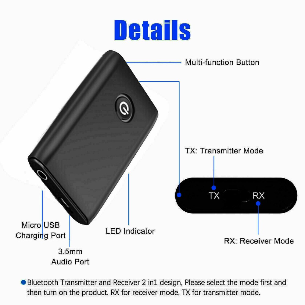 5.0 Bluetooth Transmitter Receiver Wireless 2 in 1 Audio 3.5mm Jack Aux Adapter