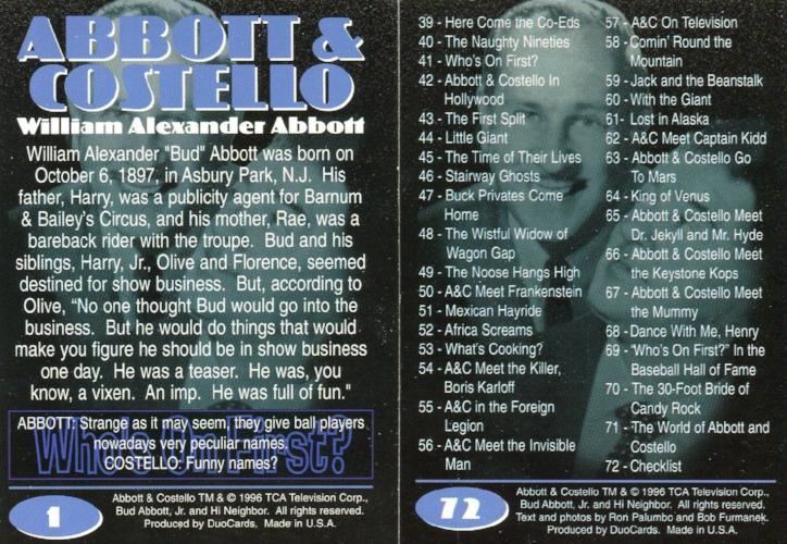 Abbott & Costello Base Card Set 72 Cards