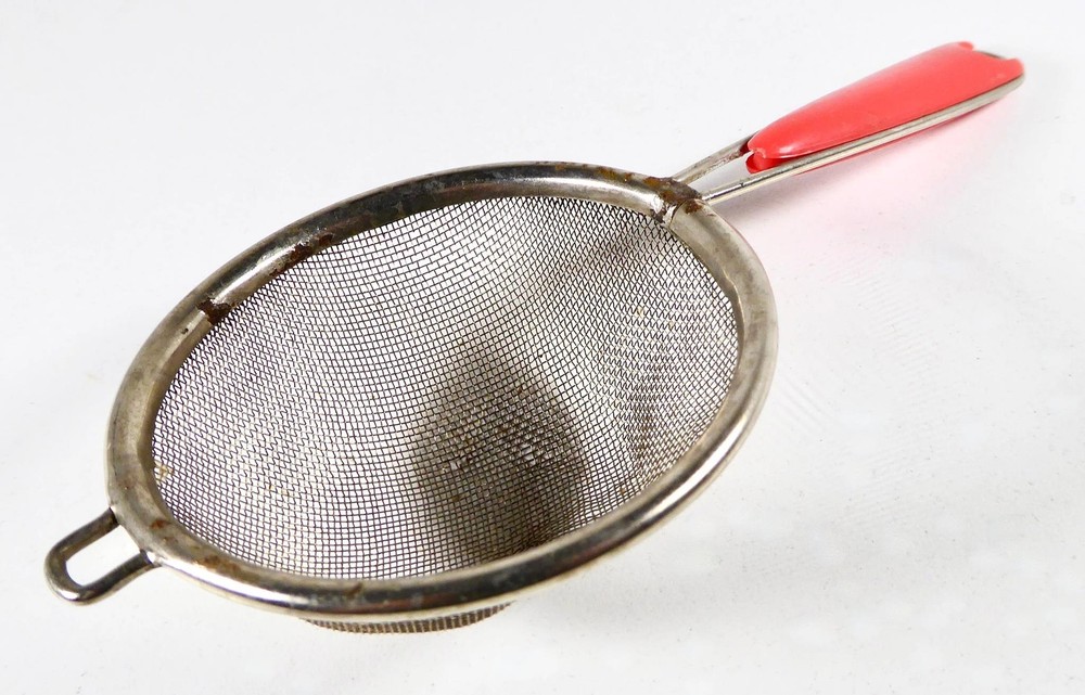 Vintage Tiny Hand Held Sifter or Sieve Fine Mesh Red Handle