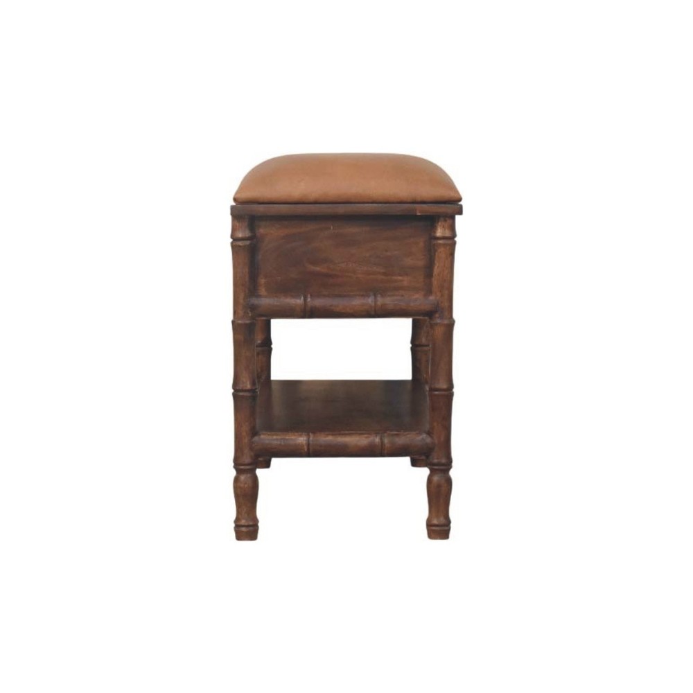 Bamboo Carved Storage Bench with Leather Seat