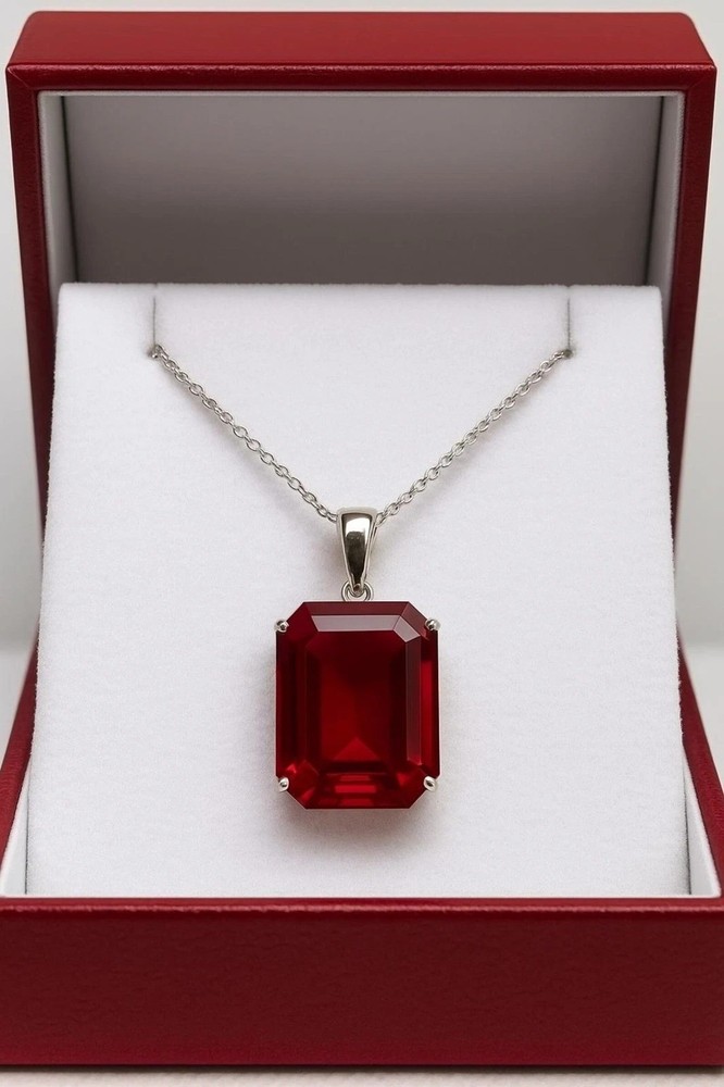 Natural Red Ruby Emerald Cut 925 Solid Silver Pendant Loose Gemstone 28.75 Ct