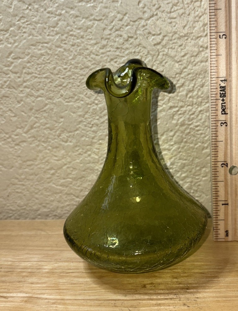 Vintage Green Crackle Glass Cruet Pulled Back Handle - Stopper