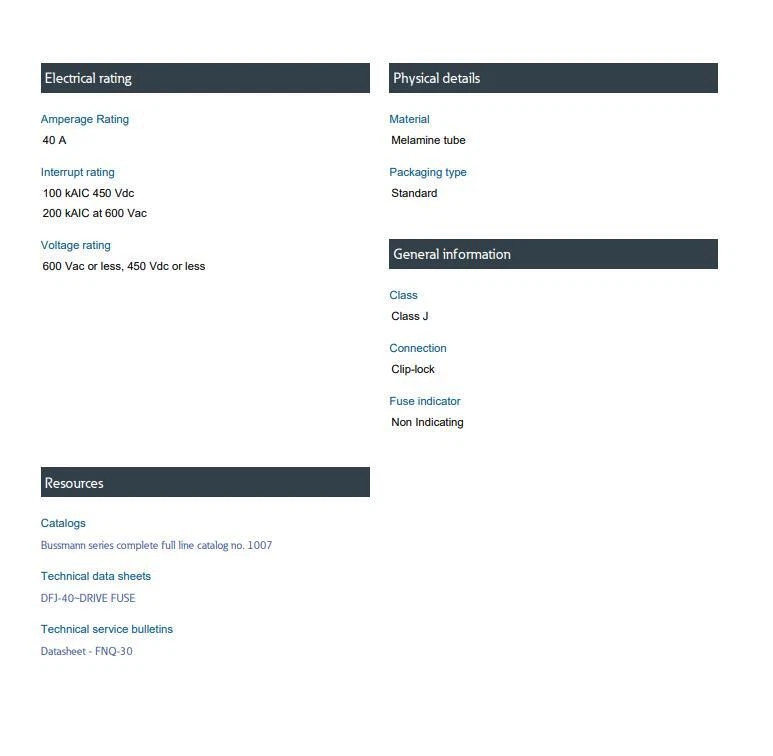 FOR BUSSMANN DFJ-40 Fuse Class J Drive 40A 600V