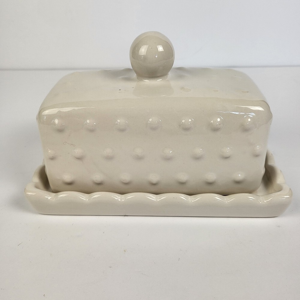 Vintage Country Cottage Core DOT  Ceramic Butter Dish Rectangle