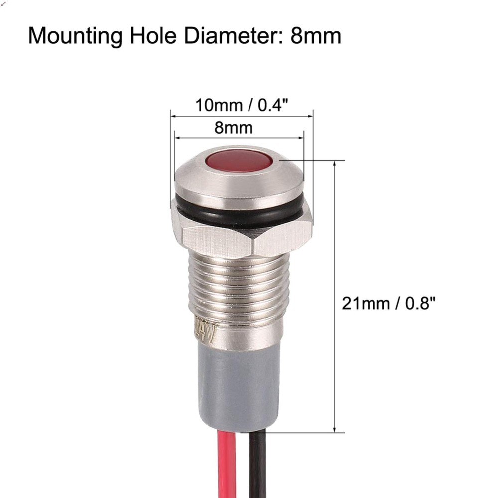 Signal Indicator Lights AC/DC 12V-24V 8mm Panel Mount Red LED Waterproof Meta...