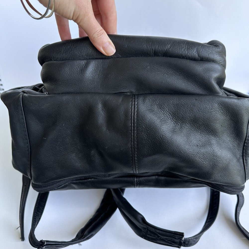 Expandable Black Leather Backpack w/Many Pockets