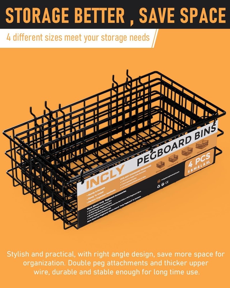 Adjustable Pegboard Baskets Set - 4 Sizes for Ultimate Storage Flexibility