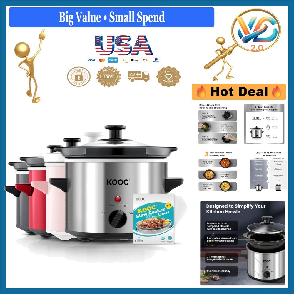 2 Qt Stainless Steel Slow Cooker with Liners, Adjustable Temp Silver