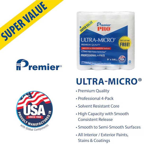 Premier Pro 4 Pack Ultra-Micro Paint Roller Covers - 9" x 3/8"