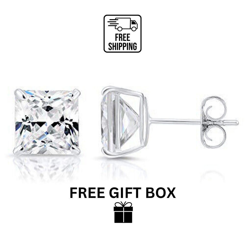 14k solid yellow/white gold square clear CZ basket set stud earrings 3-10mm