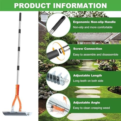 66.9-Inch Manual Lawn Thatch Rake, Adjustable Length Handle Dethatcher Rake,