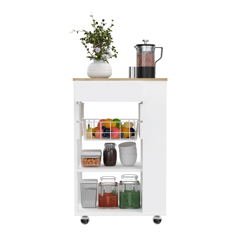 Blosson Kitchen Cart, One Drawer, Two Open Shelves, Four Casters -White / Lig