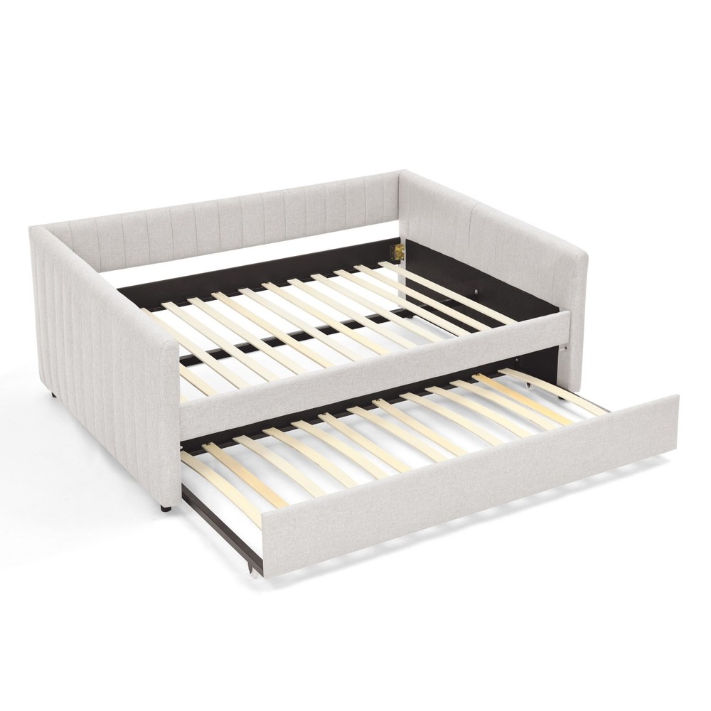 Full Daybed Modern Linen Upholstered Bed Frame Sofa Bed with Pull-Out Trundle