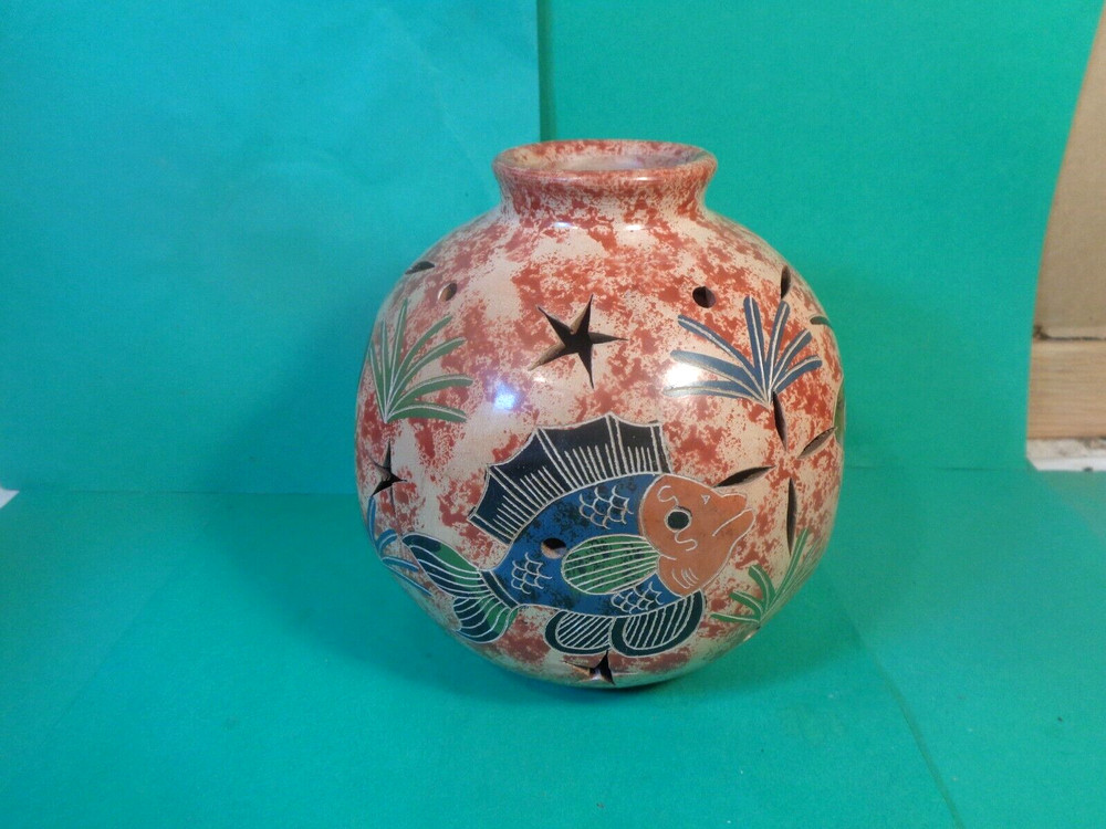 Pottery Tropical Pattern Tea Light/Candle Globe, Brazil (Used/EUC)
