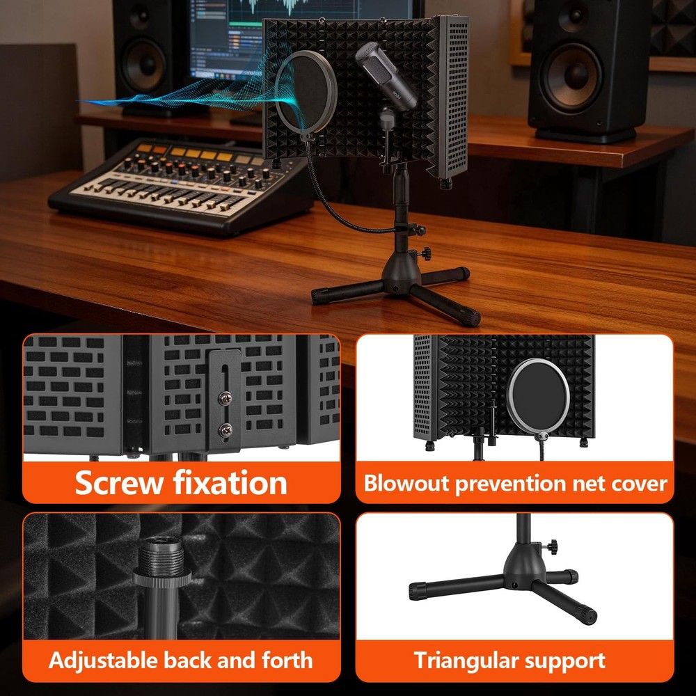 Desktop Microphone Isolation Shield with Tripod Stand Curved Panel, Foldable ...