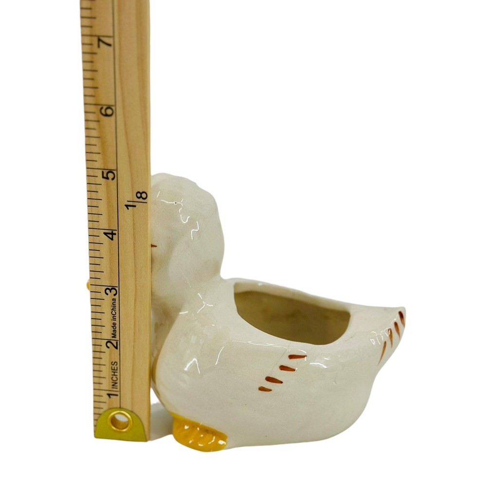 Vintage Ceramic Duck Planter White Yellow Spring Easter Summer 5" 1950's