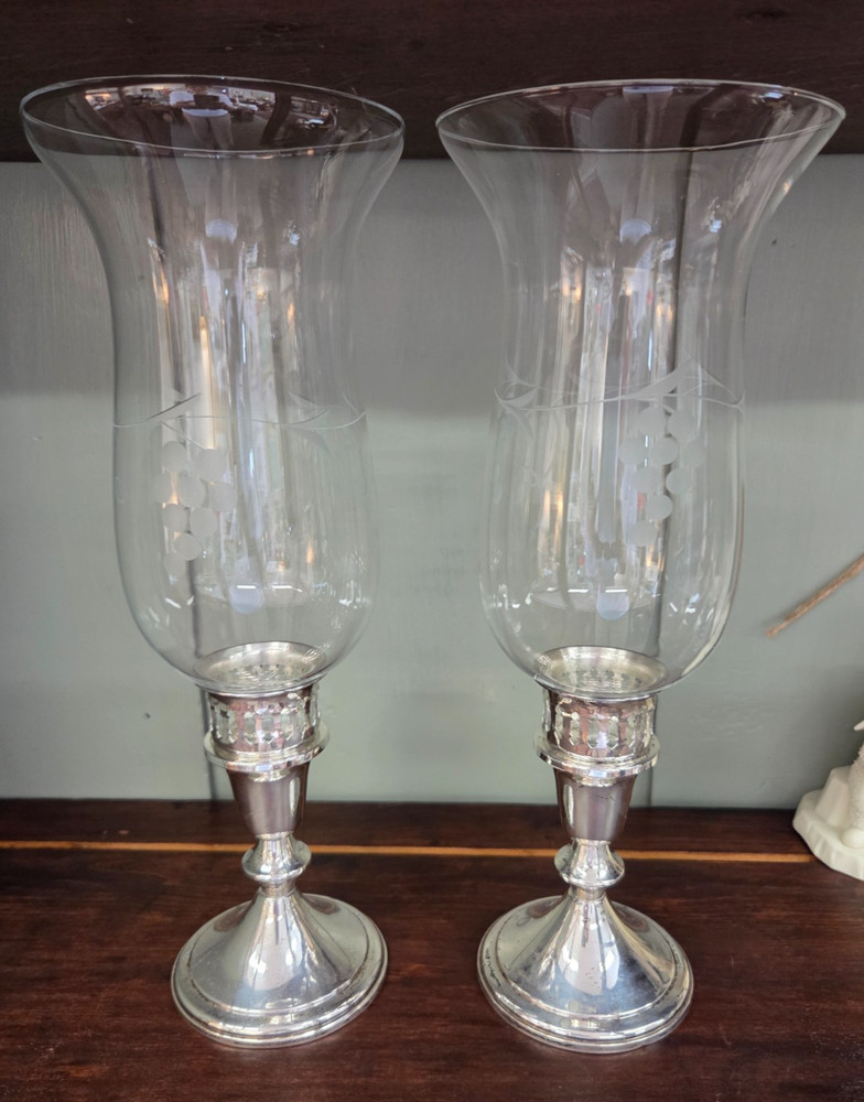 Pair Towle Sterling Silver Candlesticks Filagree Ferrule Inserts Etched Globes