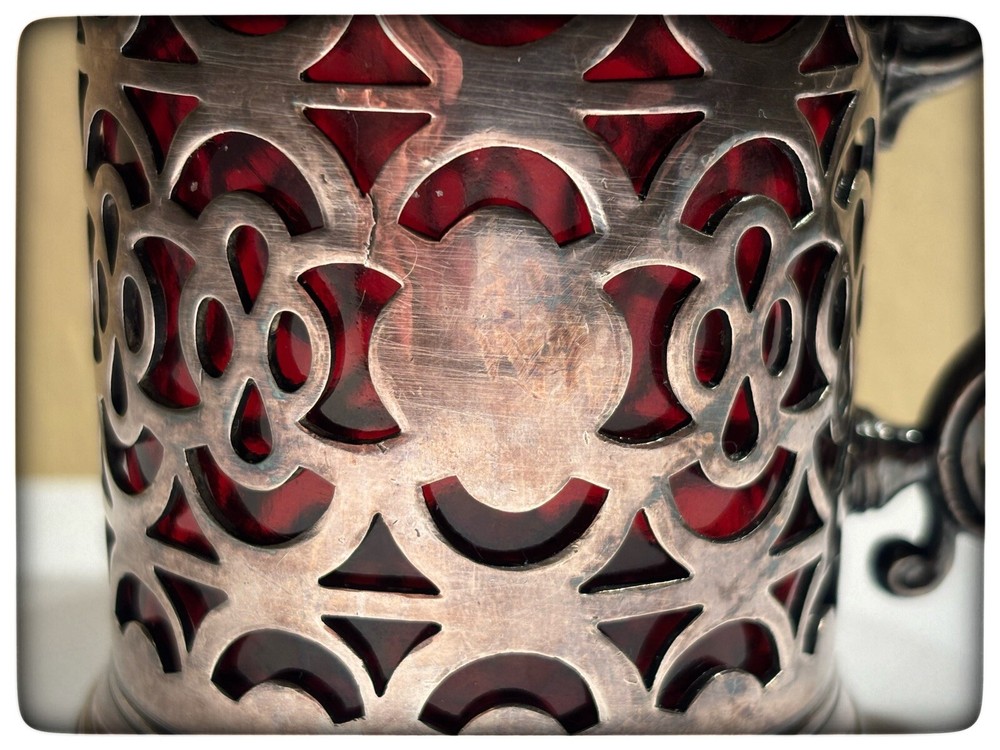 Antique Victorian Reticulated Condiment Jar with Ruby Glass Insert VG Condition.