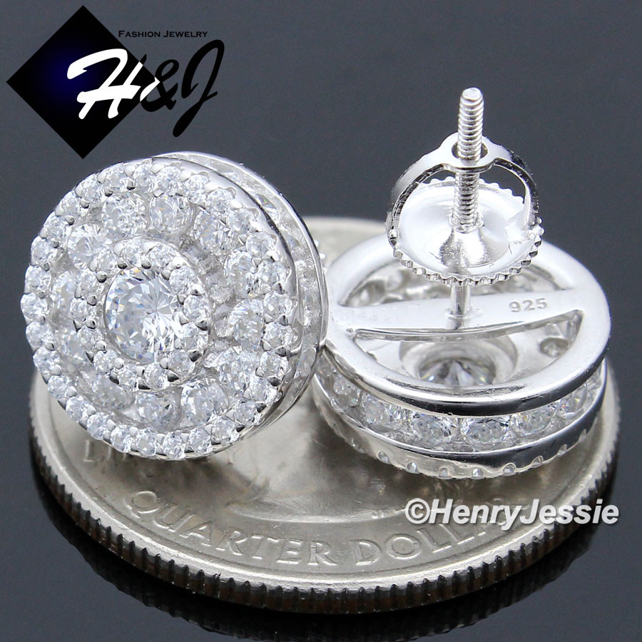 MEN SOLID 925 STERLING SILVER ICY BLING CZ 12MM ROUND 3D STUD EARRING*E172