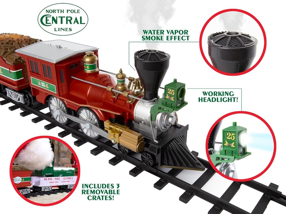Battery-Operated North Pole Central Freight Toy Train Set with Bluetooth, Loc...