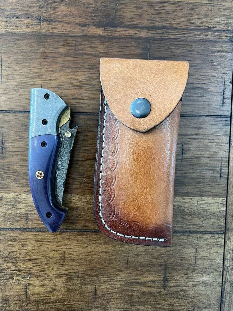 CUSTOM HANDMADE DAMASCUS COLORED CATTLE BONE HANDLE FOLDING KNIFE W/ SHEATH 29