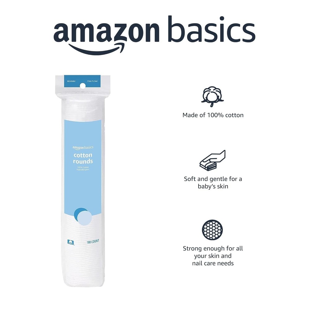 Amazon Basics Hypoallergenic 100% Cotton Rounds 100 Count, 1 Pack