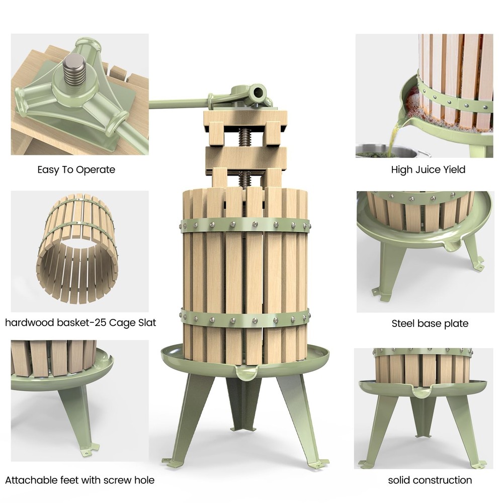 1.6 Gallon Green Fruit and Wine Press, Manual Cider Juice Maker with Solid Be...