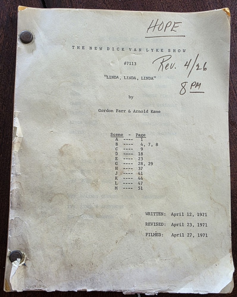 Hope Lange's original "Linda' script from "New Dick Van Dyke Show" with notes