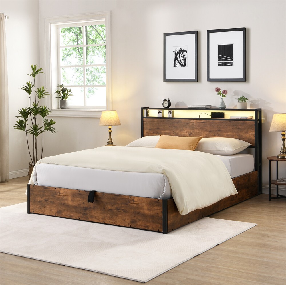 Full/Queen Size Bed Frame Wood Platform Bed Frame with Storage & LED Lights